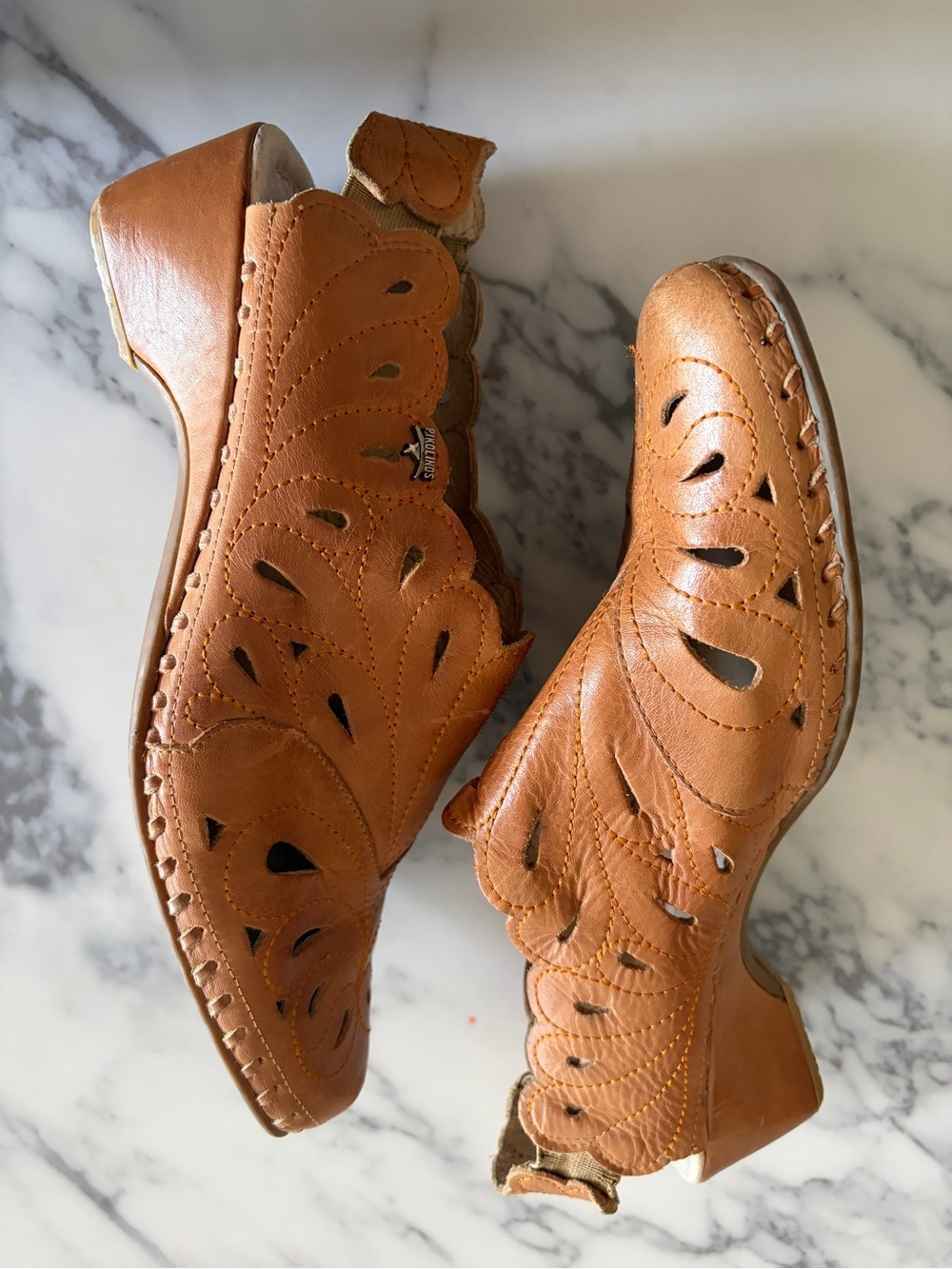 PIKOLINOS Romana Leather Cutout Slingback Heels in Cognac Spanish 39